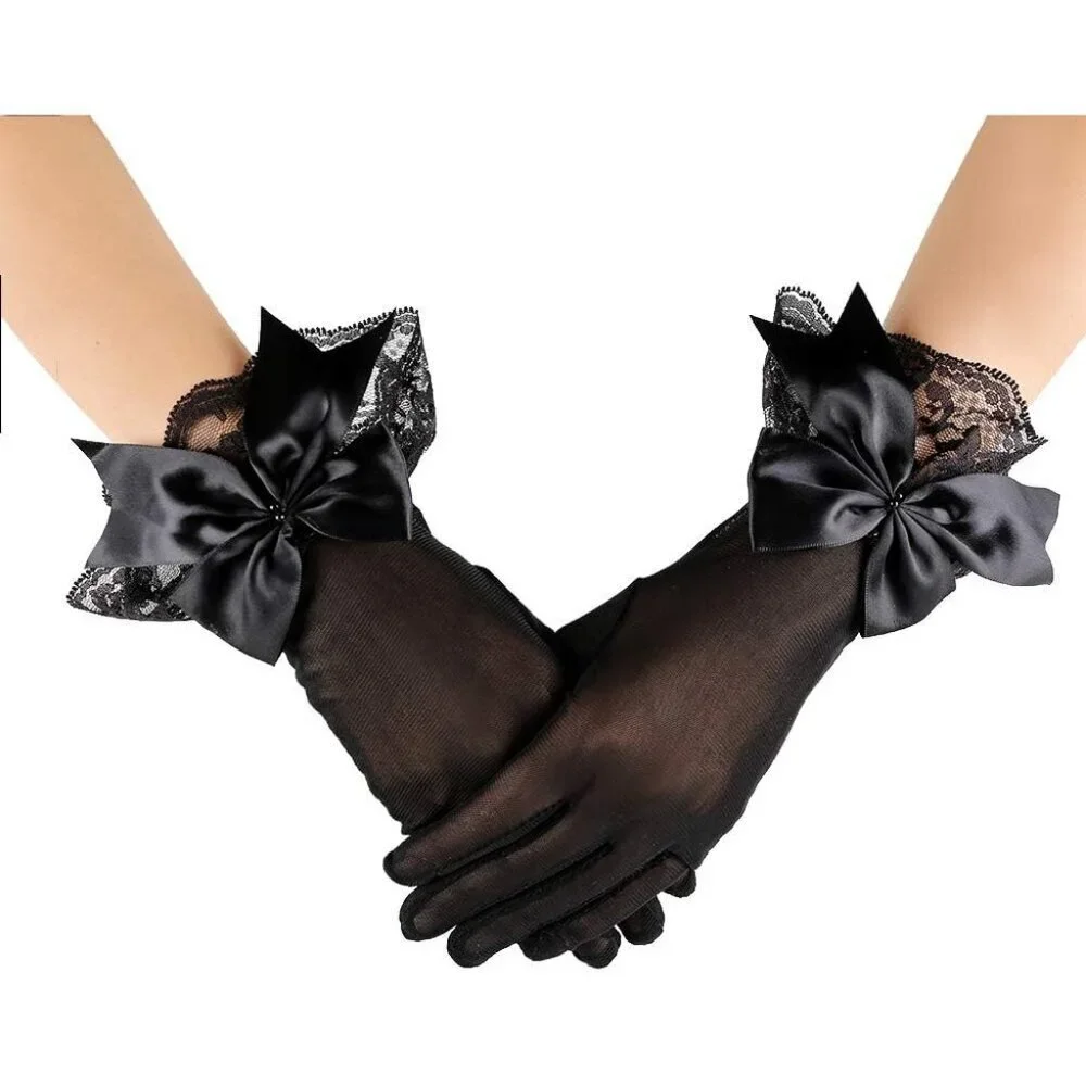 Women's Black Bow Lace Elegant Wrist Gloves Ruffle Bridal Wedding Party Prom